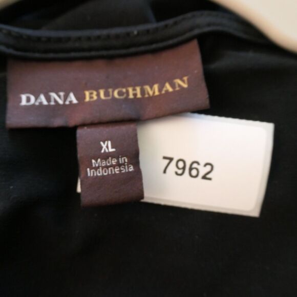 Dana Buchman Tunic Blouse Womens XL Black Draped Neckline Gold Detail Stretch - Picture 9 of 9
